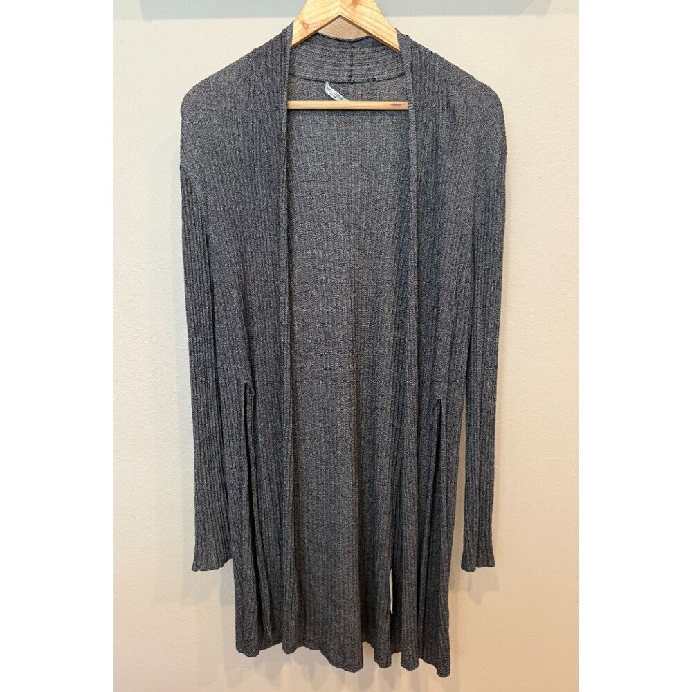 MM Lafleur Long Black Gray Open Front Lightweight Ribbed Cardigan XL Side Slits